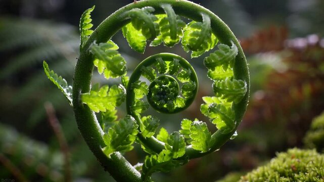 Fern frond unfurling on mossy forest floor backlit and humidity driving pinnules opening for botany