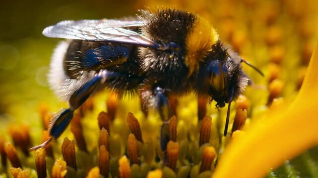 Sunflower nectar drawing bumblebee probing disk with proboscis in garden, collecting pollen on legs