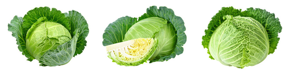 Fototapeta premium Fresh Green Cabbage Heads Isolated on Transparent Background Displaying Healthy Vegetarian Food
