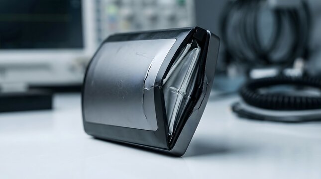 A silver lithium-ion battery swells and ruptures its plastic housing like a pressurized secret, a visceral metaphor for the volatile tipping point between utility and catastrophe