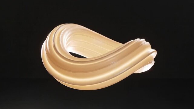 Starting playback rotating glossy cream-gold ribbon form reshaping in black studio, showing ridges
