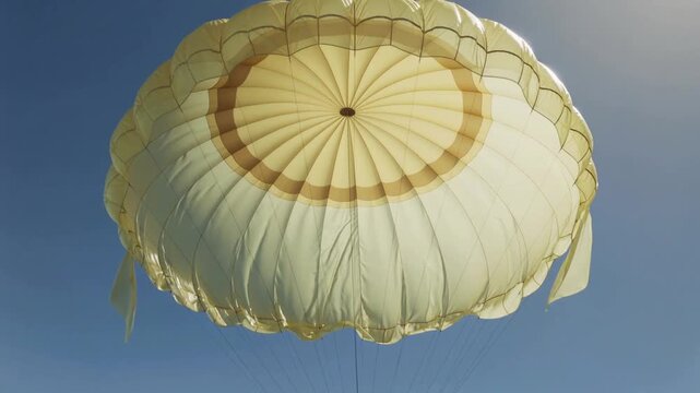 Shifting sunlight and breeze causing round parachute descending in blue sky, suspension lines taut