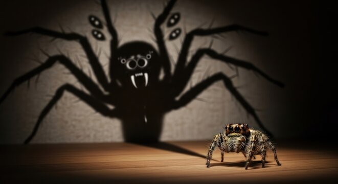 Spider silhouette and real spider contrast on textured surface