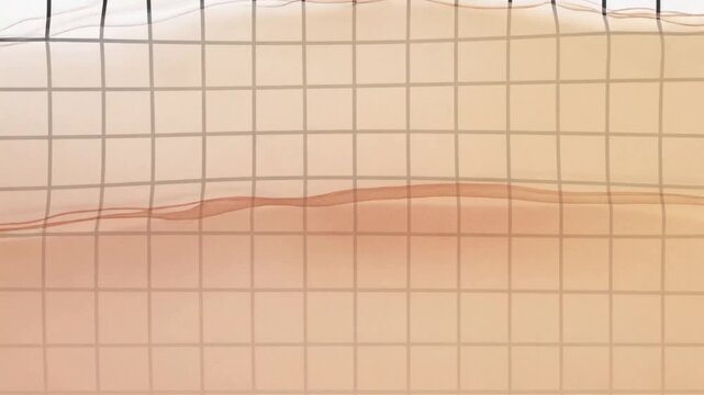 Rising sheer beige bands forming central bulge with frames progressing, showing grid distortion