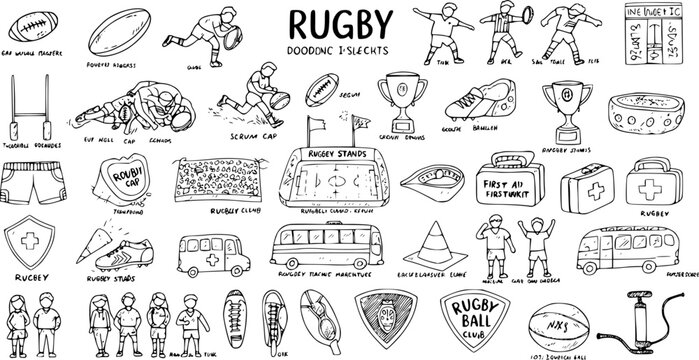 Rugby Doodle Collection: Hand-Drawn Illustrations of Game Elements, Players  Equipment