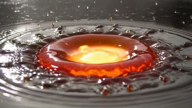 Detaching golden droplet from nozzle and impacting black pool, forming crown and sending rings