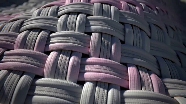 Moving camera framing synthetic straps' weave in studio to reveal ribbed texture, pink light