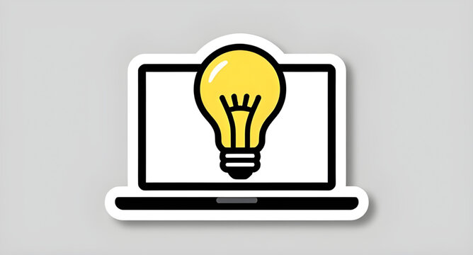 laptop with light bulb idea concept illustration isolated on white background, innovation concept illustration with laptop and glowing light bulb design, creative idea illustration with laptop and bul