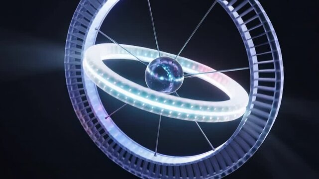 Starting dual-ring object rotating and tilting in dark void showing detail, pulsing sphere and LEDs