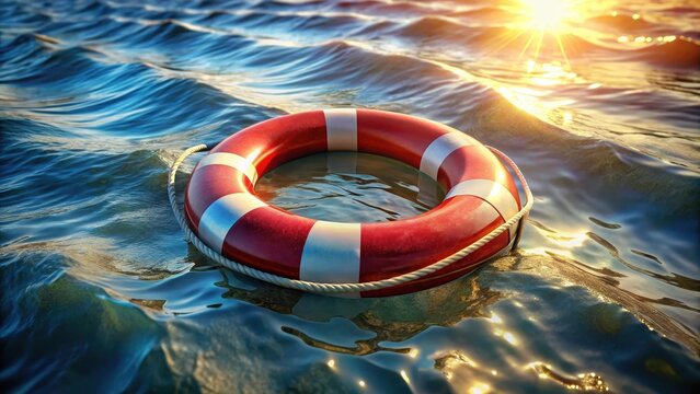 A photo of a red and white striped lifebuoy with a natural rope border floating in the ocean waves