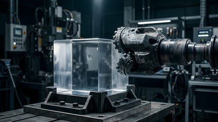 Fototapeta premium A massive industrial drill bit poised to penetrate a crystalline block of pure potential, symbolizing the raw power of industry refining the clarity of new ideas and hidden truths
