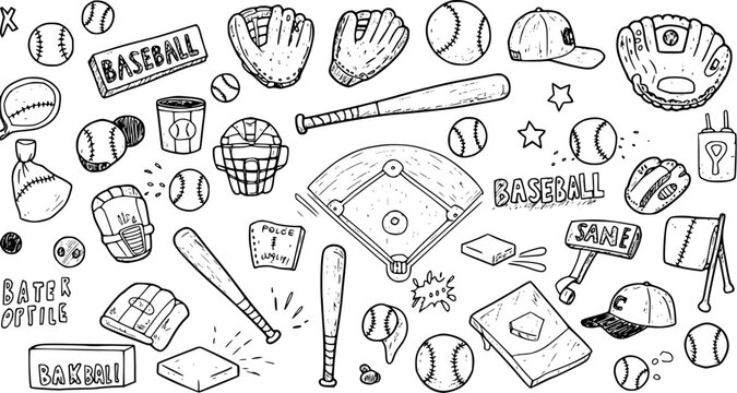 Hand-drawn doodle collection of various baseball equipment and elements, including bats, balls, gloves, helmets, catcher's gear, baseball field, and text, in black and white sketch style.