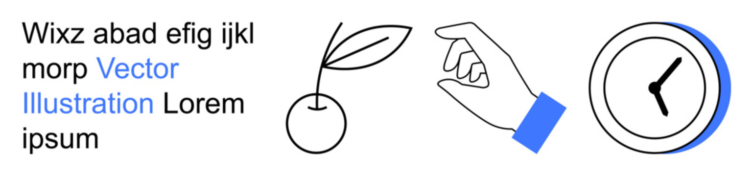Graphic design, time management, growth symbolism, minimalism, aesthetic concepts, and productivity. Line art of a cherry, hand and clock. Growth symbolism and time management