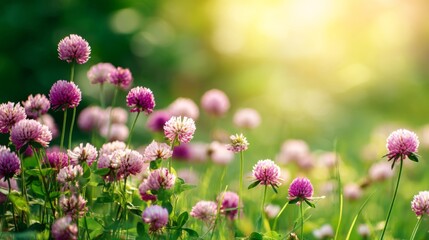 Obraz premium Vibrant Pink Clover Flowers in Green Meadow During Golden Hour