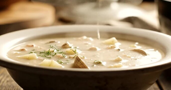Delicious creamy soup being served hot.
