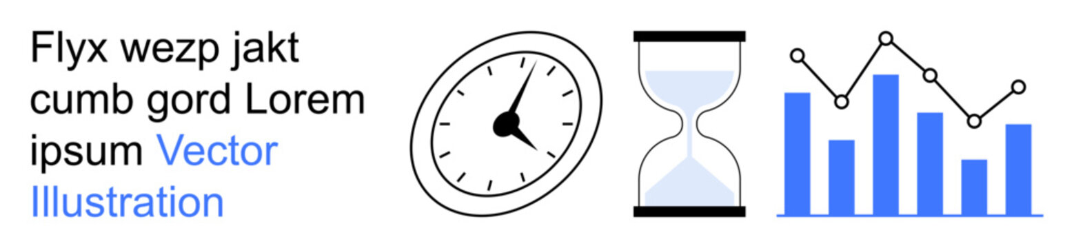 Productivity improvement, time scheduling, data tracking, business analytics, task organization, efficiency management. Clock, hourglass bar chart with data points. Productivity and time scheduling