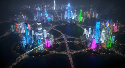 Fototapeta premium Aerial view of a vibrant cityscape at night with colorful skyscrapers and highways