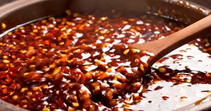 Chili flakes and oil mixture cooking.