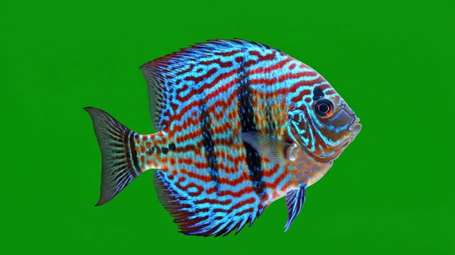 A vibrant blue and red striped discus fish swimming against a solid green background.