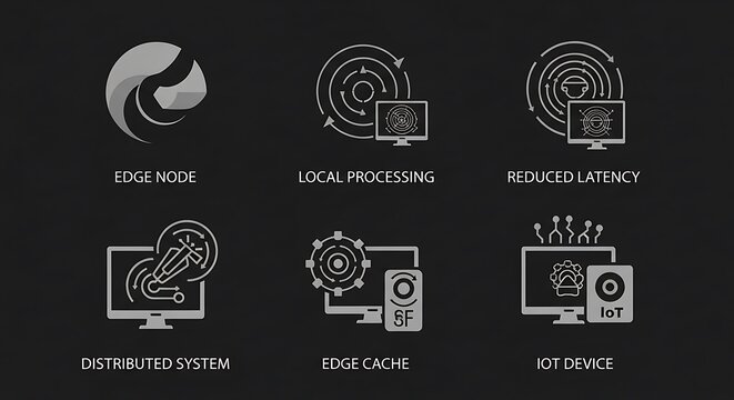 A graphic detailing edge computing concepts using icons and text on a dark background