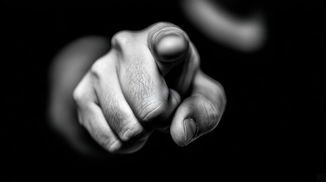 A monochrome hand, fingers extended, directly pointing towards the viewer against a dark background