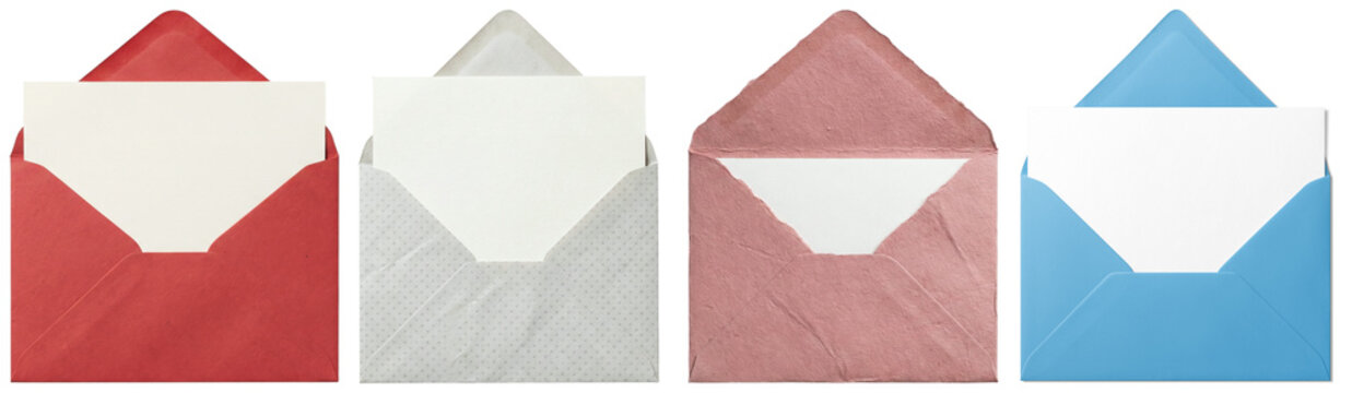 Collection of colorful open envelopes with blank cards inside.