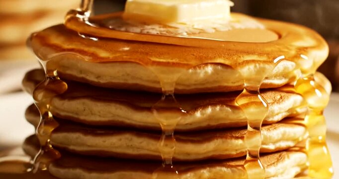 Stack of pancakes with syrup dripping.