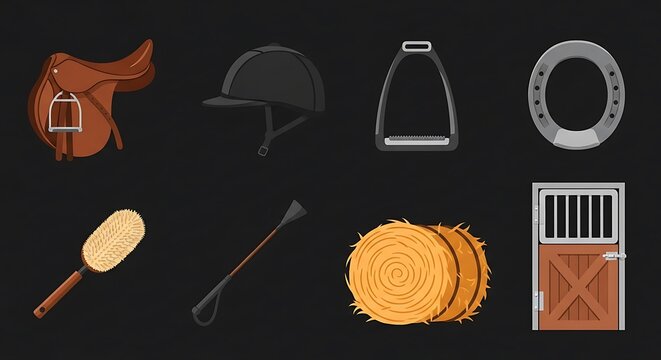 Assortment of equestrian equipment icons on a black background, saddle to stable door