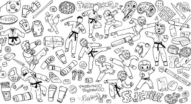 Hand-Drawn Taekwondo Doodle Illustration: Martial Arts Training, Equipment, Uniforms, and Sparring Gear in Black and White Line Art