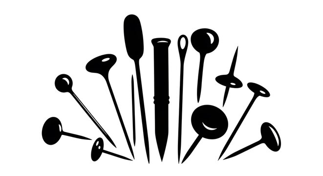 Black and white illustration of various straight pins, tacks, and needles, isolated