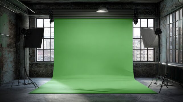 Green screen setup in a photography studio with lighting equipment