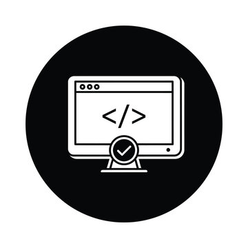 Computer monitor with code on screen and check mark  web development concept icon