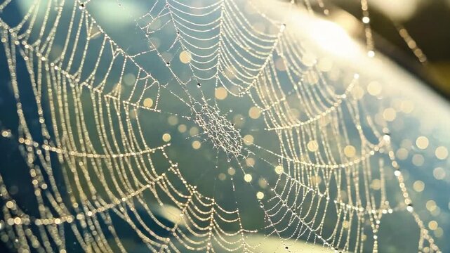 A close-up of a dewy spider web with water droplets sparkling in sunlight