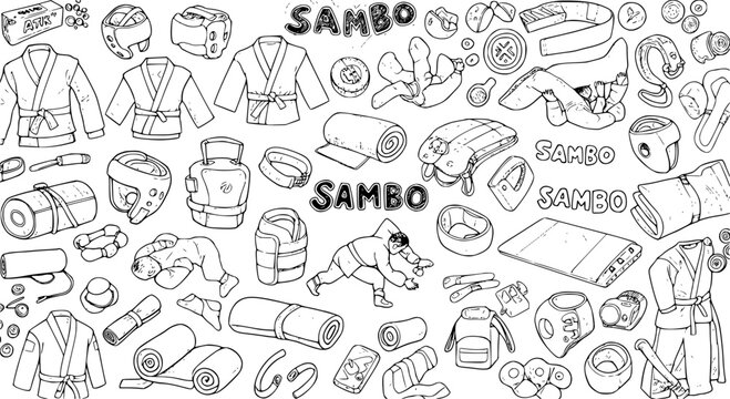 Detailed Sambo Martial Arts Equipment  Uniforms Doodle Set - Hand-Drawn Combat Sport Gear, Protective Clothing, and Training Accessories