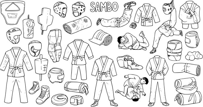 Sambo Martial Arts Line Art: Combat Sports Equipment, Uniforms, and Wrestlers in Dynamic Poses