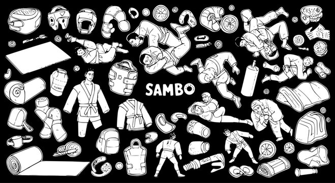 Sambo Martial Arts Gear  Combat Sport Training Elements Doodle Set. Fighters, Uniforms, Protection, Mats, Bags  More in Black  White Vector Outline