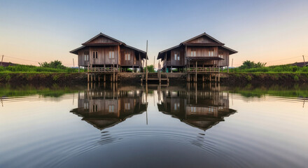 Obraz premium Symmetrical wooden houses reflecting on calm river at sunrise