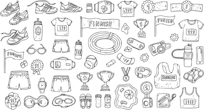 Hand-drawn Doodle Set: Running, Athletics  Swimming Gear. Collection of Sport Shoes, Apparel, Medals, Trophies, Bottles, Goggles  Fitness Accessories.