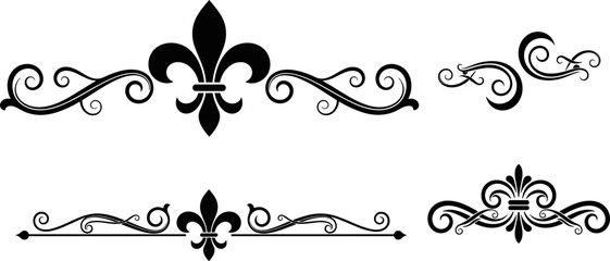 Ornamental Flourish Divider Icon Set with Elegant Vintage Swirls and Fleur de Lis Elements for Decorative Borders and Classic Design Graphics © Saidi