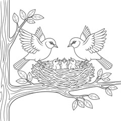 Fototapeta premium A charming black and white illustration of a bird family with parents feeding their young in a cozy nest on a tree branch, perfect for nature and wildlife themes
