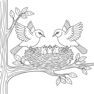 A charming black and white illustration of a bird family with parents feeding their young in a cozy nest on a tree branch, perfect for nature and wildlife themes