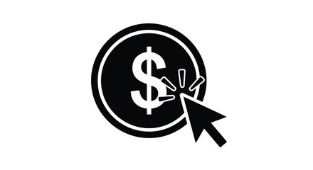 Obraz premium Simple black and white vector graphic illustration of a mouse cursor clicking on a coin featuring the prominent dollar currency symbol for earnings