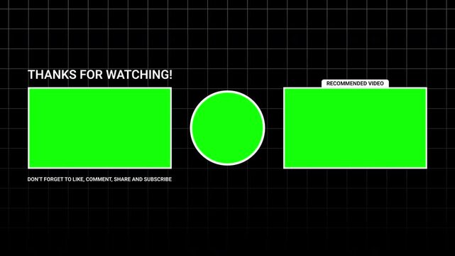 Animation End screen YouTube channel with three templates for video on a black background. Thanks for watching and reminder for likes, comments and share. 