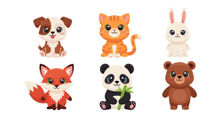 Obraz premium A colorful illustration of cute cartoon animals including a dog, cat, rabbit, fox, panda, and bear.