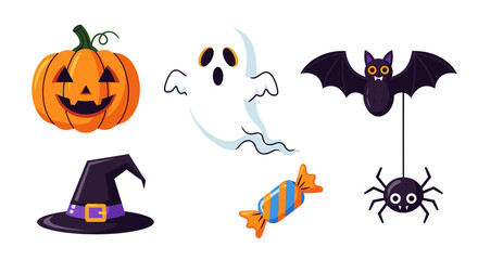 Fototapeta premium A colorful Halloween themed vector graphic illustration featuring various spooky and festive icons