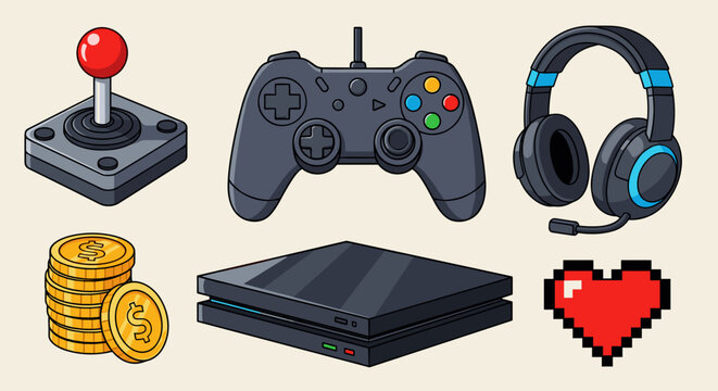 A colorful vector graphic illustration of gaming console and accessories icons