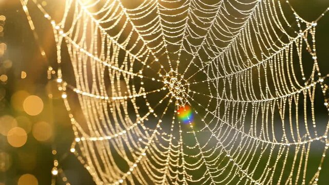 Dewy spider web glistens in morning sunlight with rainbow reflection