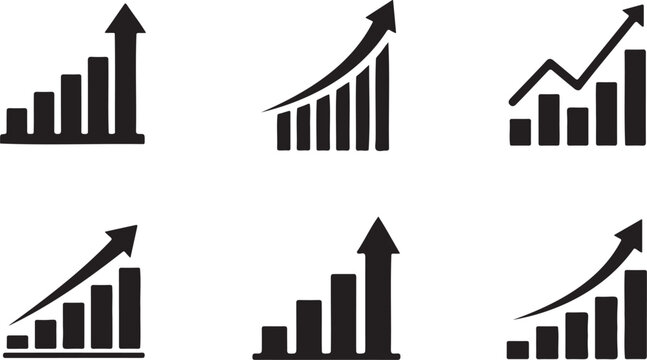 Business Growth Chart Icon Set. Increasing Bar Graph with Upward Arrow for Financial Success, Profit, and Market Trend Analysis.