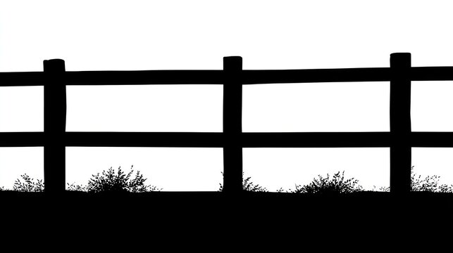 Black silhouette of wooden fence line with tufts of grass against a stark white sky