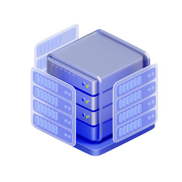 3D illustration of server rack with virtual screens for virtualization, vps hosting, data center, cloud infrastructure, system monitoring, and network interface.